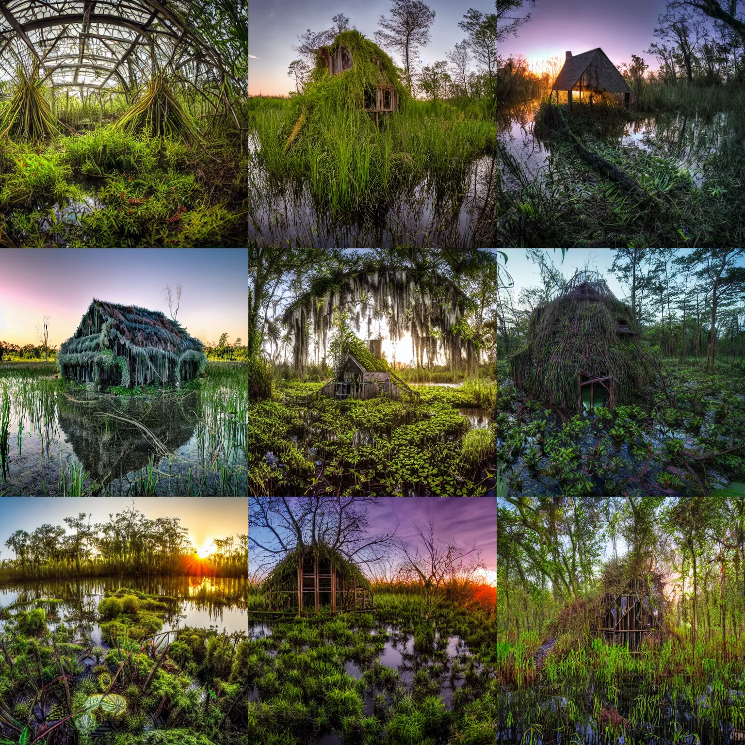 Prompt: a house structure made of strange plants, located in a swamp at sunrise, ultra wide angle