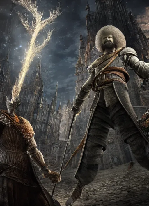 Image similar to portrait bob ross in darksouls universe in anor londo, studio lights, 8 k hd.