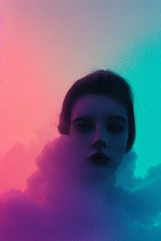 Image similar to high quality pastel coloured film close up wide angle photograph of a model wearing clothing resting on cloud furniture in a icelandic black rock environment in a partially haze filled dreamstate world. three point light, rainbow. photographic production. art directed. pastel colours. volumetric clouds. pastel gradient overlay. waves glitch artefacts. extreme facial clarity. 8 k. filmic.