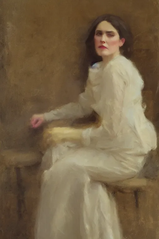 Image similar to Richard Schmid and Jeremy Lipking full length portrait painting of a young beautiful victorian detective woman