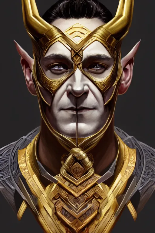 Image similar to symmetry!! portrait of loki in the style of god of war, machine parts embedded into face, intricate, elegant, highly detailed, digital painting, artstation, concept art, smooth, sharp focus, illustration, art by artgerm and greg rutkowski and alphonse mucha, 8 k