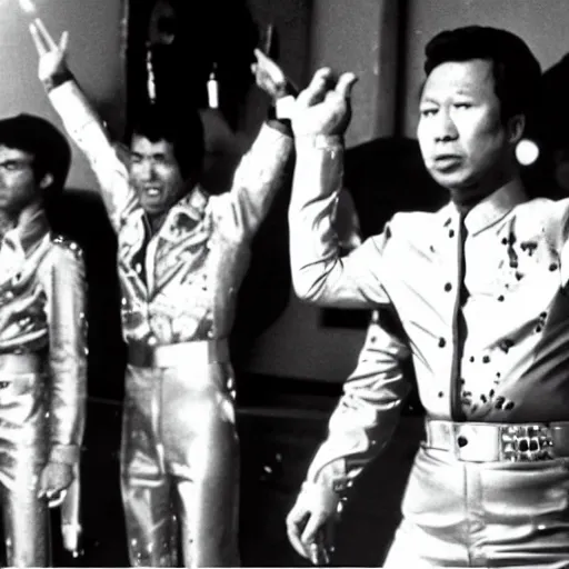 Image similar to A movie still of Pol Pot wearing a disco suit in Satuday Night Fever