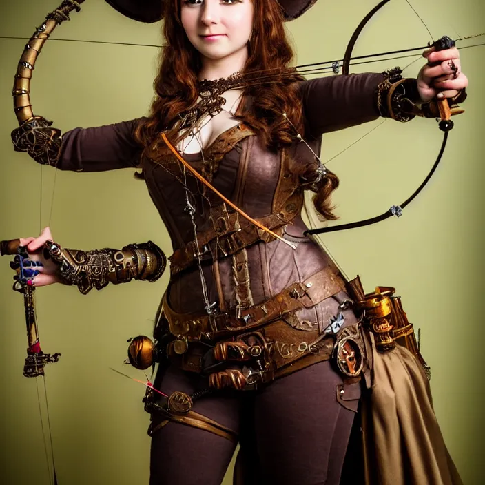 Image similar to full length portrait photograph of a real-life beautiful woman steampunk archer. Extremely detailed. 8k