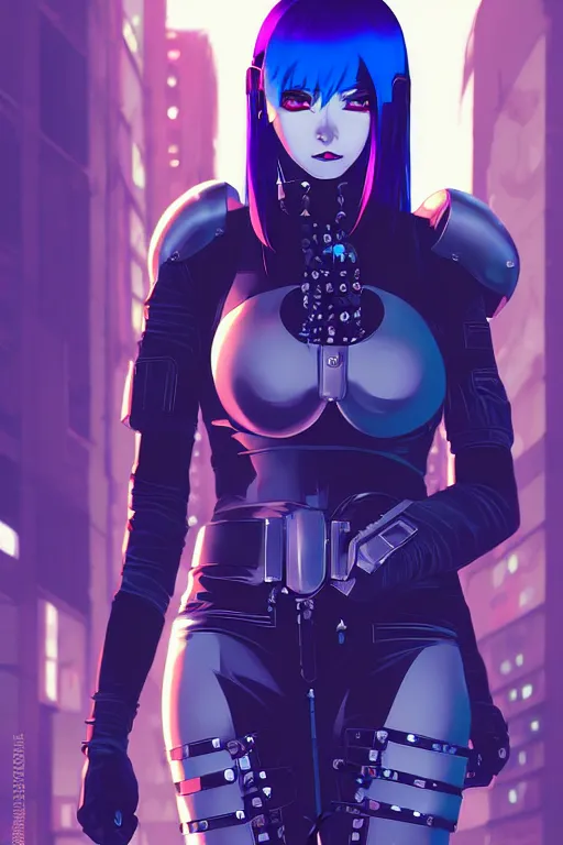 Image similar to digital illustration portrait of cyberpunk pretty girl metal skull armor with blue hair, wearing dominatrix outfit, in city street at night, by makoto shinkai, ilya kuvshinov, lois van baarle, rossdraws, basquiat