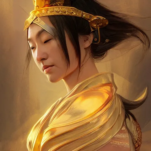 Image similar to female japanese sword goddess, d & d, golden!!! palette, highly detailed, digital painting, artstation, portrait, concept art, sharp focus, illustration, cinematic lighting, art by artgerm and greg rutkowski and alphonse mucha