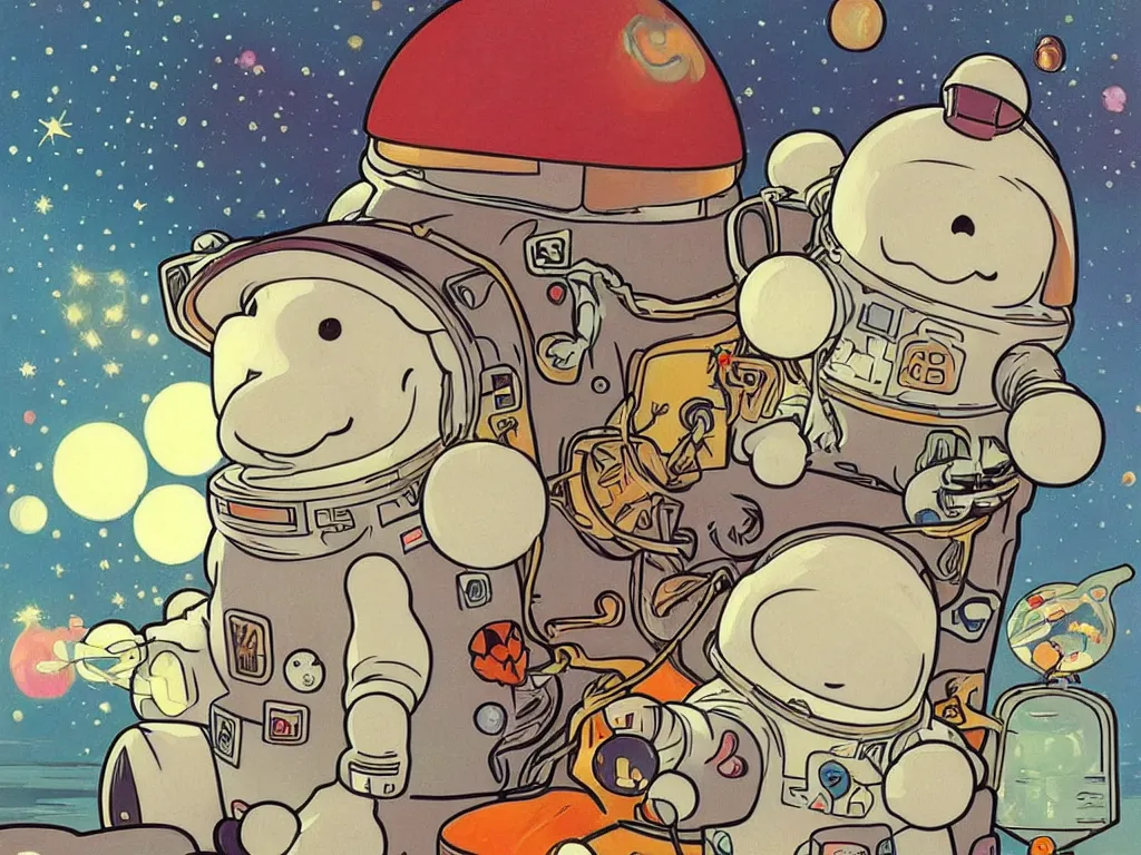 Image similar to moomins in space suits flying around with jetpacks discovering the mushroom planet, looking cute, photorealistic painting, warm colors, fluffy, cozy, dreamy, low light, art by alphonse mucha, trending on artstation