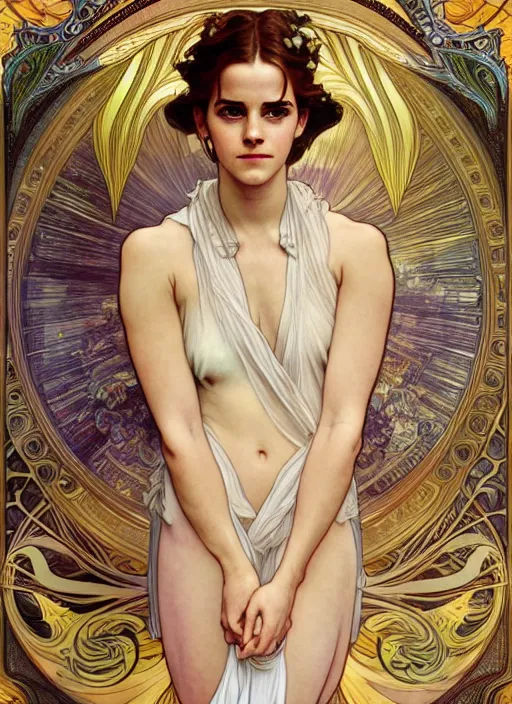 Image similar to Emma Watson as God of Beautifully, full body shot, cute, fantasy, intricate, elegant, highly detailed, digital painting, 4k, HDR, concept art, smooth, sharp focus, illustration, art by alphonse mucha,artgerm, H R Giger