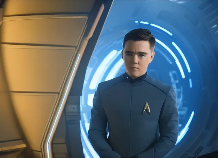 Prompt: Jesse McCartney plays as captain in Star Trek Discovery, engine room and warp core in the background, 35mm photography, highly detailed, cinematic lighting, 4k