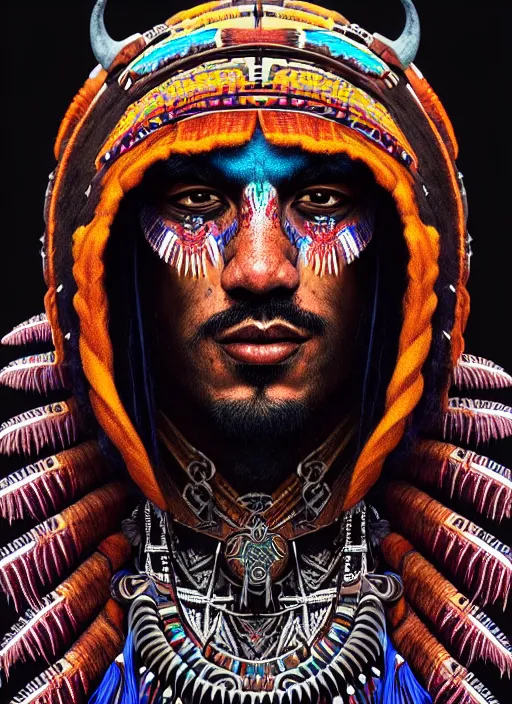 Image similar to portrait of laz alonso, hyper detailed ultra sharp aztec shaman warrior. trending on artstation, warpaint aesthetic, bloodwave, colorful, psychedelic, ornate, intricate, digital painting, concept art, smooth, sharp focus, illustration, art by artgerm and greg rutkowski and h. r. giger, 8 k