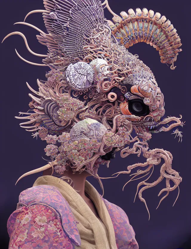 Image similar to 3 d goddess close - up profile solarpunk portrait ram skull. beautiful intricately detailed japanese crow kitsune mask and clasical japanese kimono. betta fish, jellyfish phoenix, bio luminescent, plasma, ice, water, wind, creature, artwork by tooth wu and wlop and beeple and greg rutkowski