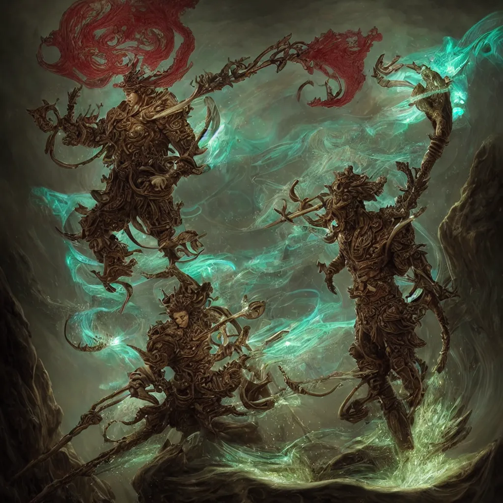 Prompt: a stunning detailed 3d matte portrait of a muscular triton fishman with green hair, wearing leather assassin armor, wielding a staff topped with a glowing red crystal, male, standing in a maelstrom, by ellen jewett, by tomasz alen kopera, by Justin Gerard, ominous, magical realism, texture, gills, intricate, whirling smoke, alchemist bottles, radiant colors, fantasy, dungeons and dragons, dnd, volumetric lighting, high details