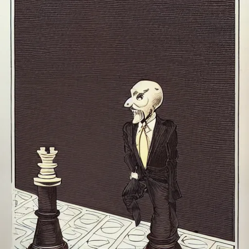 Image similar to an anthropomorphic chess piece dressed in a business suit, by moebius