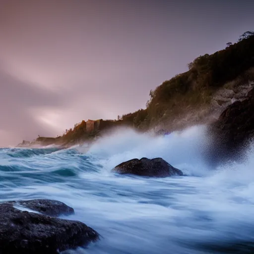 Prompt: long exposure shot of waves crashing against a cliff