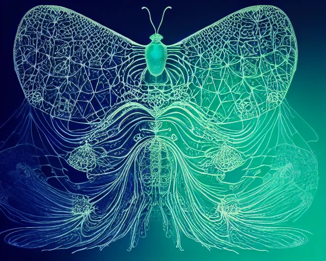 Prompt: symmetrical insect rorschach test, peacock. intricate, centered, amazing composition by amano yoshitaka, by rembrandt, illustrious makinami, digital art, digital painting, artstation trending, unreal engine, fractal flame, transparent jellyfish, transparent feathers, bio luminescent, ice, water