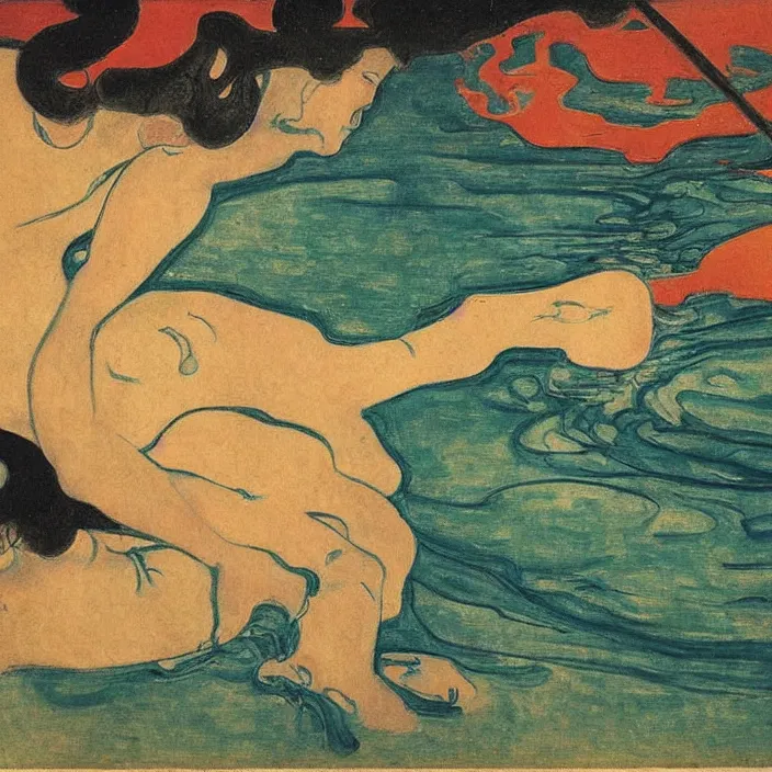 Prompt: shunga scene with turbulent river. painting by munch, agnes pelton, egon schiele, henri de toulouse - lautrec, utamaro, monet