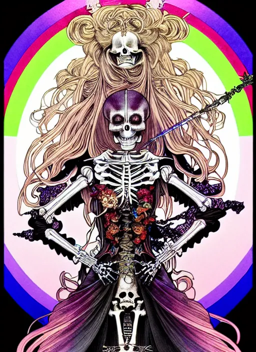 Image similar to highly detailed terada katsuya artstation ayami kojima manga poster of princess mechine as vampire skeleton, rainbow gradient reflection, long hair, armor, dress, laces, ruffles, 8 k, maximalist,, jump comics, tomer hanuka, alphonse mucha