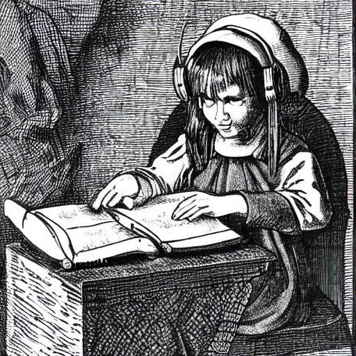 Image similar to young medieval girl wearing witch's hat and headphones sitting studying