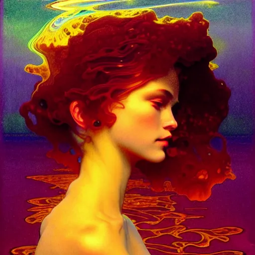 Prompt: transcendent mind bending indigo waves of glossy psychedelic liquid honey flowing like kaleidoscopic translucent amber, lsd waves, honey ripples, enlightenment, dramatic professional lighting, refracted sunset lighting, highly detailed, bodhisattva concept art, art by collier, albert aublet, krenz cushart, artem demura, alphonse mucha