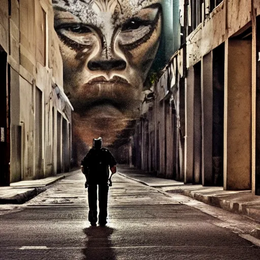 Image similar to empty street, mayan jaguar warrior, portrait, at night, by addy campbell, cinematography by quetzalcoatl