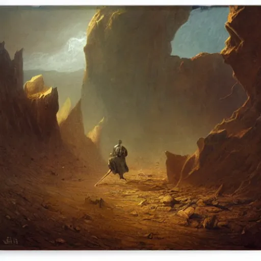 Prompt: A nomadic wanderer traversing a corrupted crystal desert by Jacek Yurka, Carl Gustav Carus