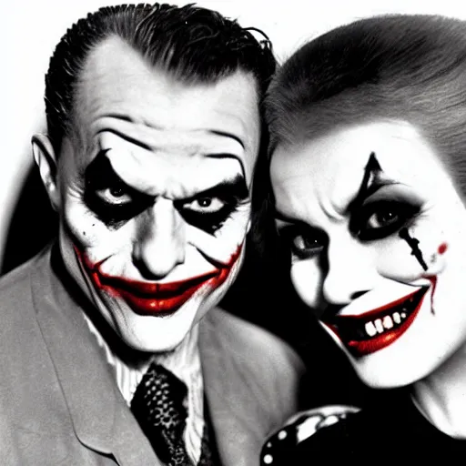 Image similar to 1960 black and white mug shot of The Joker and Harley Quinn