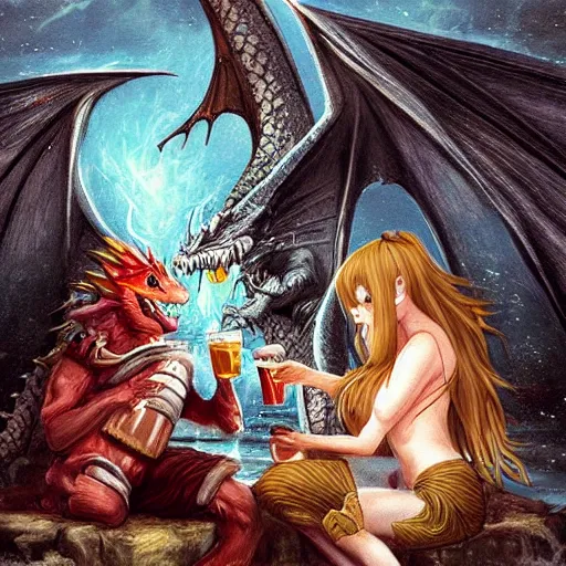 Image similar to a dward and a dragon drinking a beer, fantasy art, anime