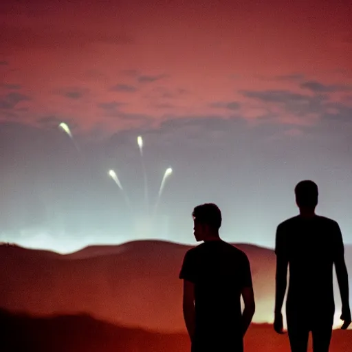 Prompt: Film still. Silhouette of young man. From behind. At night. Hills in the distance. Red fireworks in the sky. Cinematic lighting.