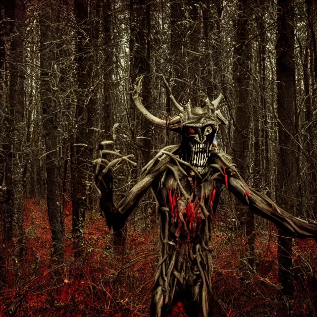 Image similar to bloody wendigo in forest at night, night vision, shot from ground, grainy