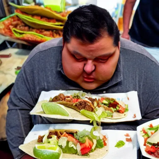 Prompt: tacos filled with rotten liver and dirty napkins. a fat man licks his lips looking at the tacos.