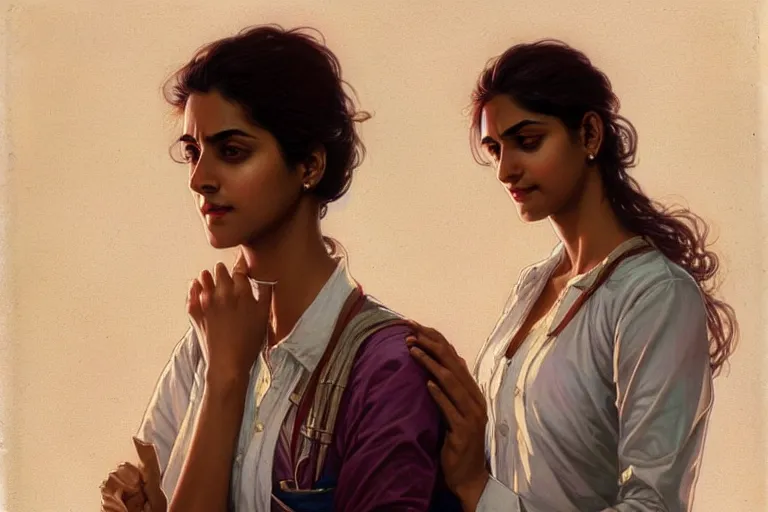 Prompt: Anxious pretty pale young Indian doctors wearing jeans and shirts at the airport, portrait, elegant, intricate, digital painting, artstation, concept art, smooth, sharp focus, illustration, art by artgerm and greg rutkowski and alphonse mucha