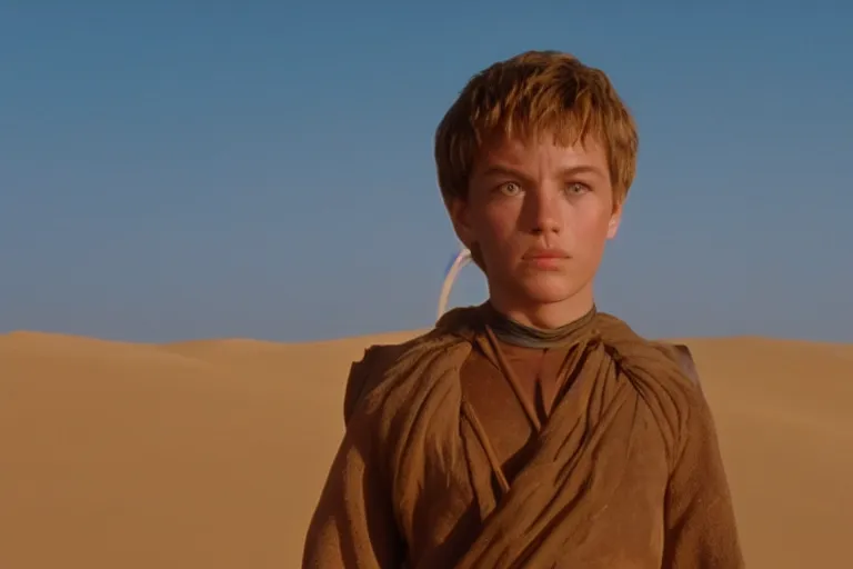 Prompt: a cinematic headshot portrait of a boy in the movie dune, in a serene vast desert, film still, cinematic, movie still, dramatic lighting, 1 6 : 9 ratio