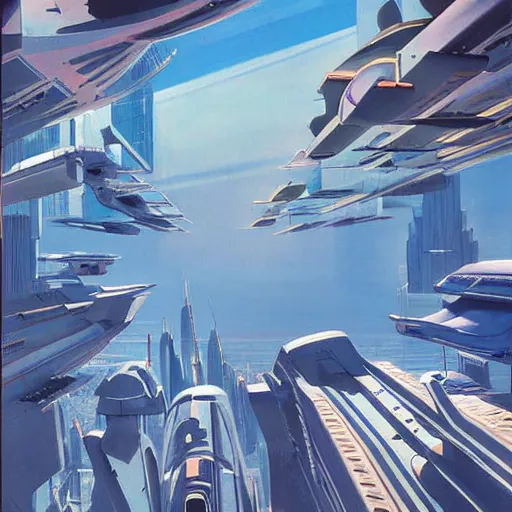 Image similar to aerial view of a science-fiction cityscape, cinematic angle, cinematic lighting, blue sky, sun in the sky, by Syd Mead, John Harris, Federico Pelat