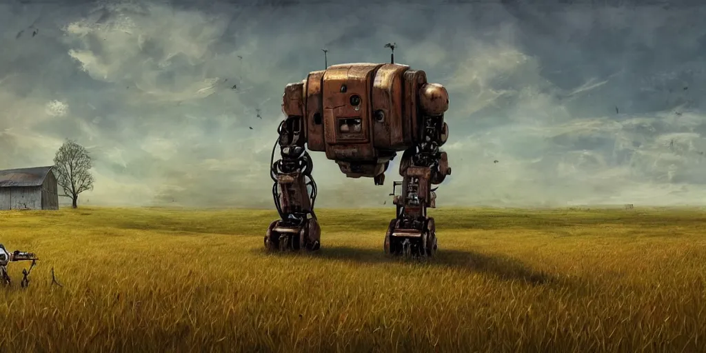 Image similar to a single colossal rusty old robot sad and alone in an empty field in the countryside with a barn on a bright sunny day by mike allred and moebiusand karol bak sharp digital painting. dreaming latent space. matte painting, concept art. artstation. digital render. realistic, 8 k