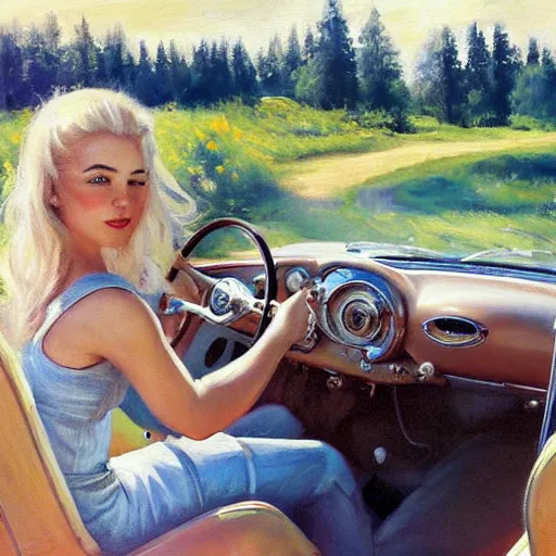 Image similar to blonde driving 1 9 5 0 ford mustang, swedish countryside, freedom, scenic, beautiful, painting by vladimir volegov