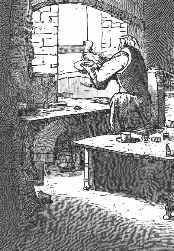 Image similar to [Medieval peasant sitting on a desk watching a computer in a dimly light room. There are cans on and around the desk and an arched window in the background. Illustration, sharp!, focus, high quality, smooth!]