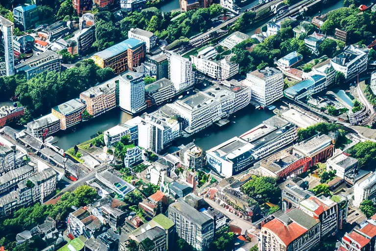 Image similar to bird's eye view photography of a small city. town hall, central farm, monorail station, beach and harbor. hills, woods and lake to the north.