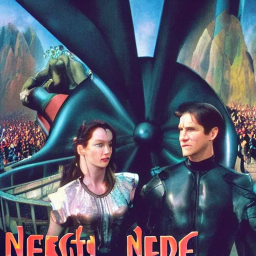 Prompt: Neo and Trinity waiting in line to ride the rollercoaster. 1999, imax film, movie poster