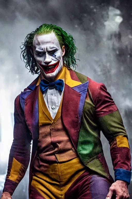 Image similar to dwayne johnson as the joker, movie still