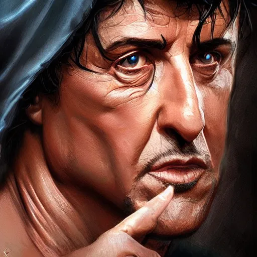 Prompt: Sylvester Stallone boxing master, closeup, D&D, fantasy, intricate, elegant, highly detailed, digital painting, artstation, concept art, matte, sharp focus, illustration, hearthstone, art by Artgerm and Greg Rutkowski and Alphonse Mucha