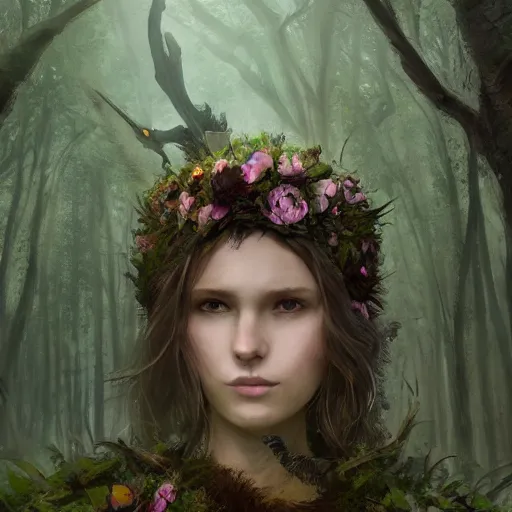 Image similar to forest creature, cloak, flower crown, in an open forest, by Greg Rutkowski, trending on artstation, unreal engine, 4k, digital art