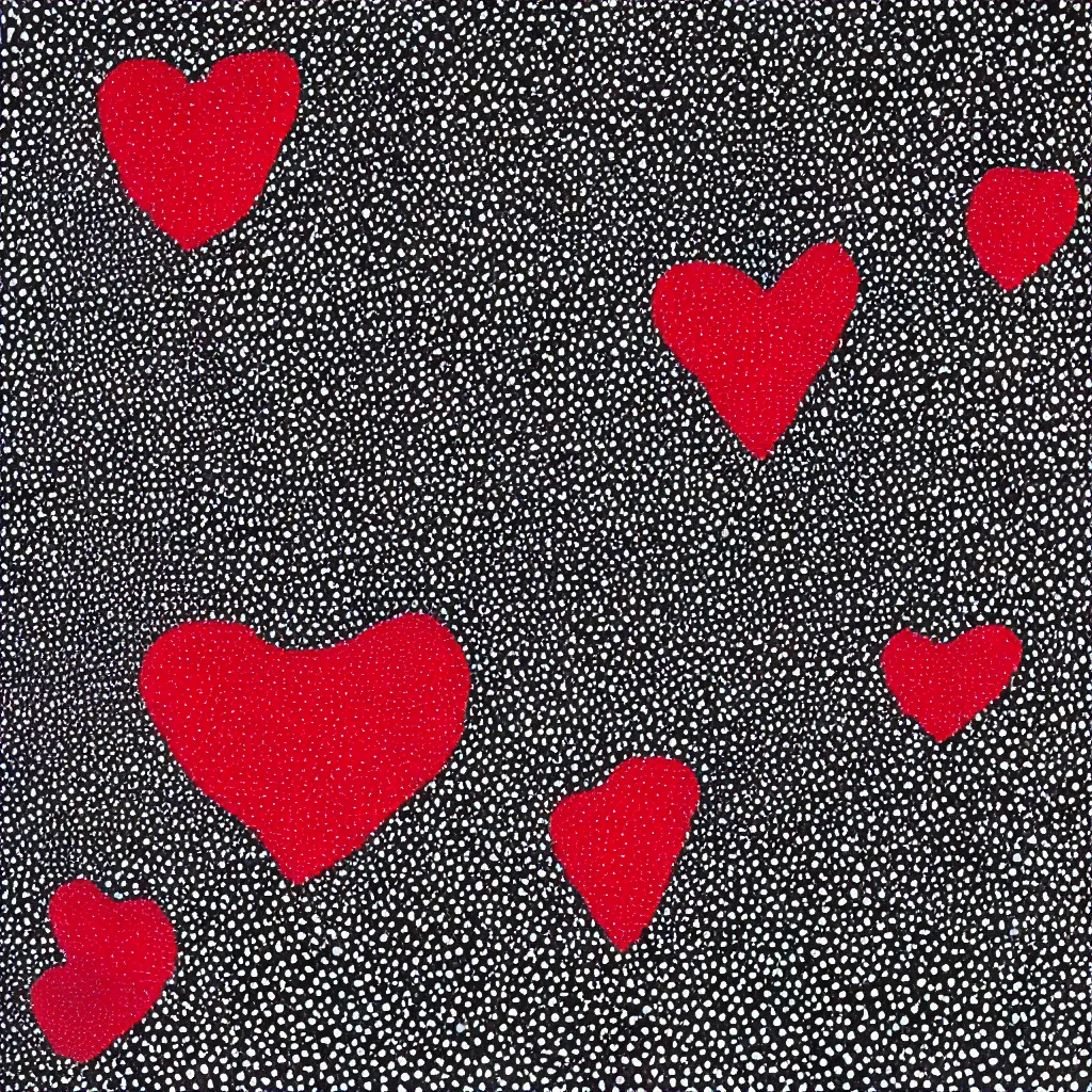 Image similar to camouflage made of hearts, smiling, abstract, rei kawakubo artwork, cryptic, dots, stipple, lines, splotch, color tearing, pitch bending, color splotches, dark, ominous, eerie, minimal, points, technical, old painting