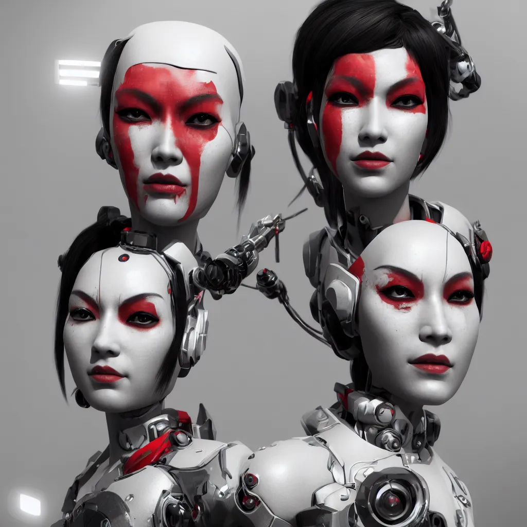 Image similar to Cyborg Geisha, 4K portrait, dynamic cinematic lighting, rendered by octane engine, Rendered in Octane, trending on artstation, cgsociety, 4k post-processing highly detailed