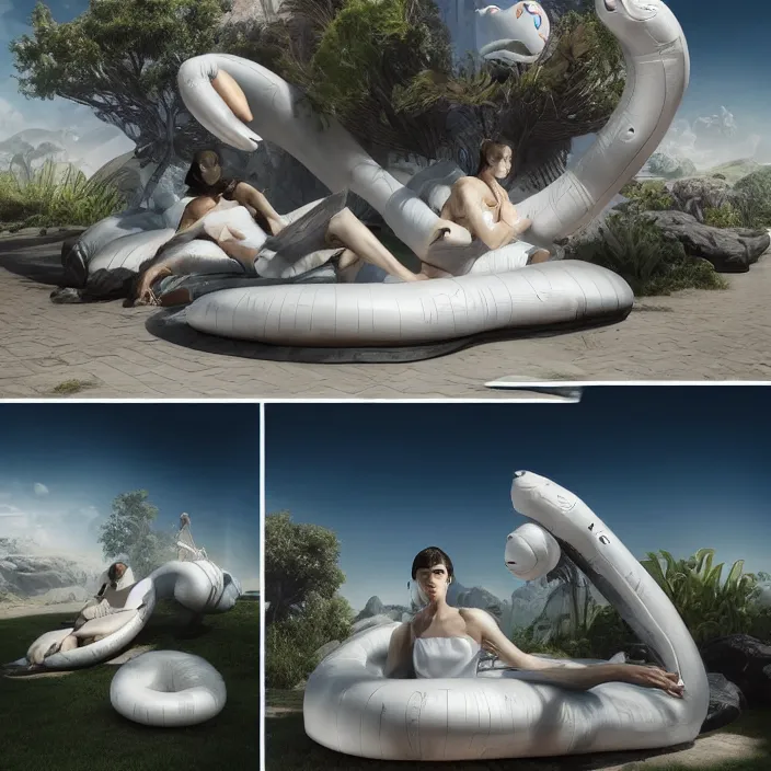 Image similar to minimal modernist bauhaus style neverending story inflatable pool floats, ultra realistic, concept art, intricate details, serious, highly detailed, photorealistic, octane render, 8 k, unreal engine, art by todd mcfarlane and artgerm and greg rutkowski and alphonse mucha