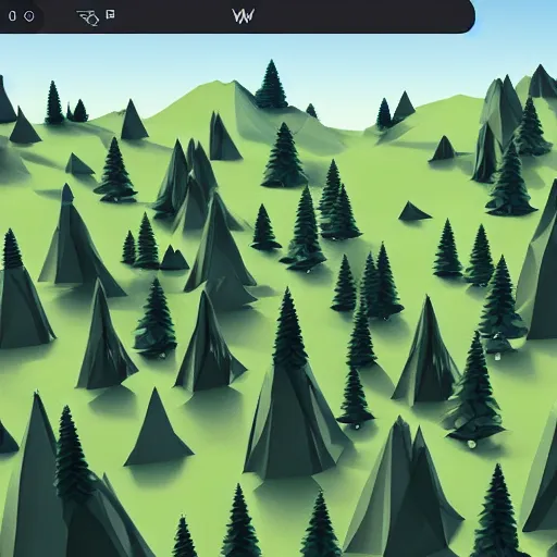 Image similar to a forest of 3d low poly trees with the mountains in the background, high quality, mobile game