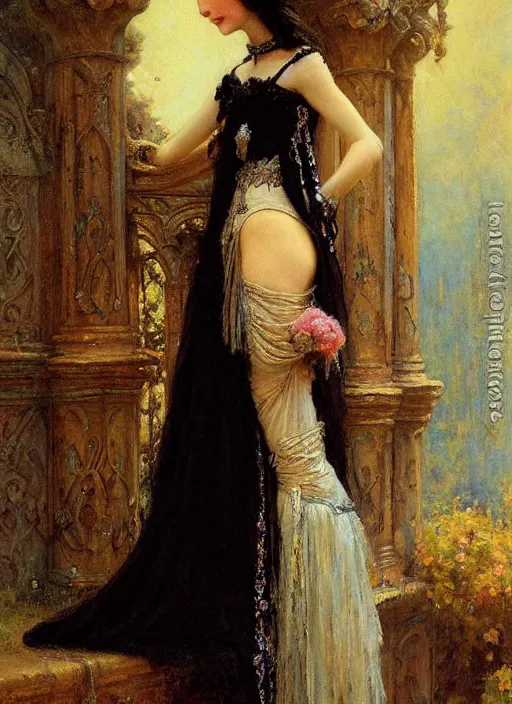 Image similar to vertical prtrait of a gothic princess, baroque dress. by gaston bussiere