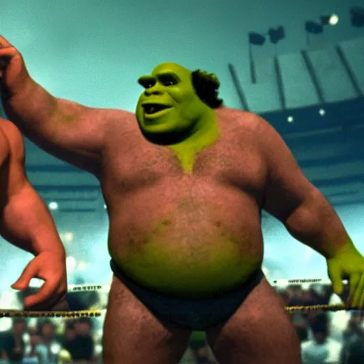 Prompt: shrek vs andre the giant at wrestlemania 8