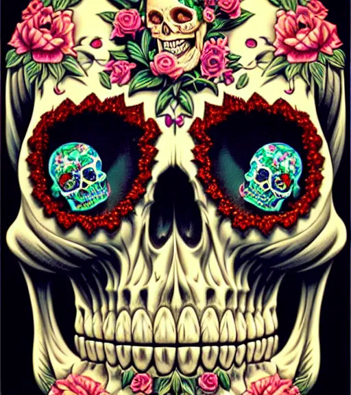 Prompt: a beautiful fancy skull lady by dan mumford and gil elvgren, sugar skull, hyperrealism, intricate details, exceptional, fool, high contrast