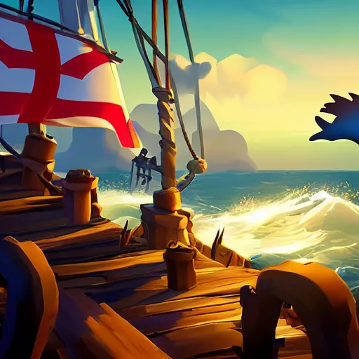 Prompt: sea of thieves scene with a hedgehog on a pirate ship, digital art, epic lighting, game screenshot, danish flag, danish flag on top of ship