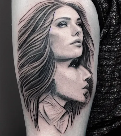 Image similar to tattoo design sketch of an extremely beautiful woman face and a faded background of beautiful mountains on her side, hyper - realistic, double exposure effect, in the style of matteo pasqualin, amazing detail, black and white, faded