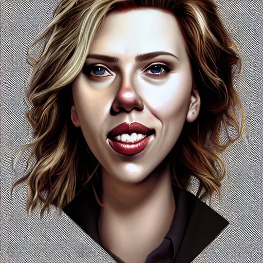 Prompt: funny caricature painting of scarlett johansson, closeup of face, exaggerated features, highly detailed, drawing by mahesh nambiar, sebastian kruger, archille superbi, carola rubio, artstation